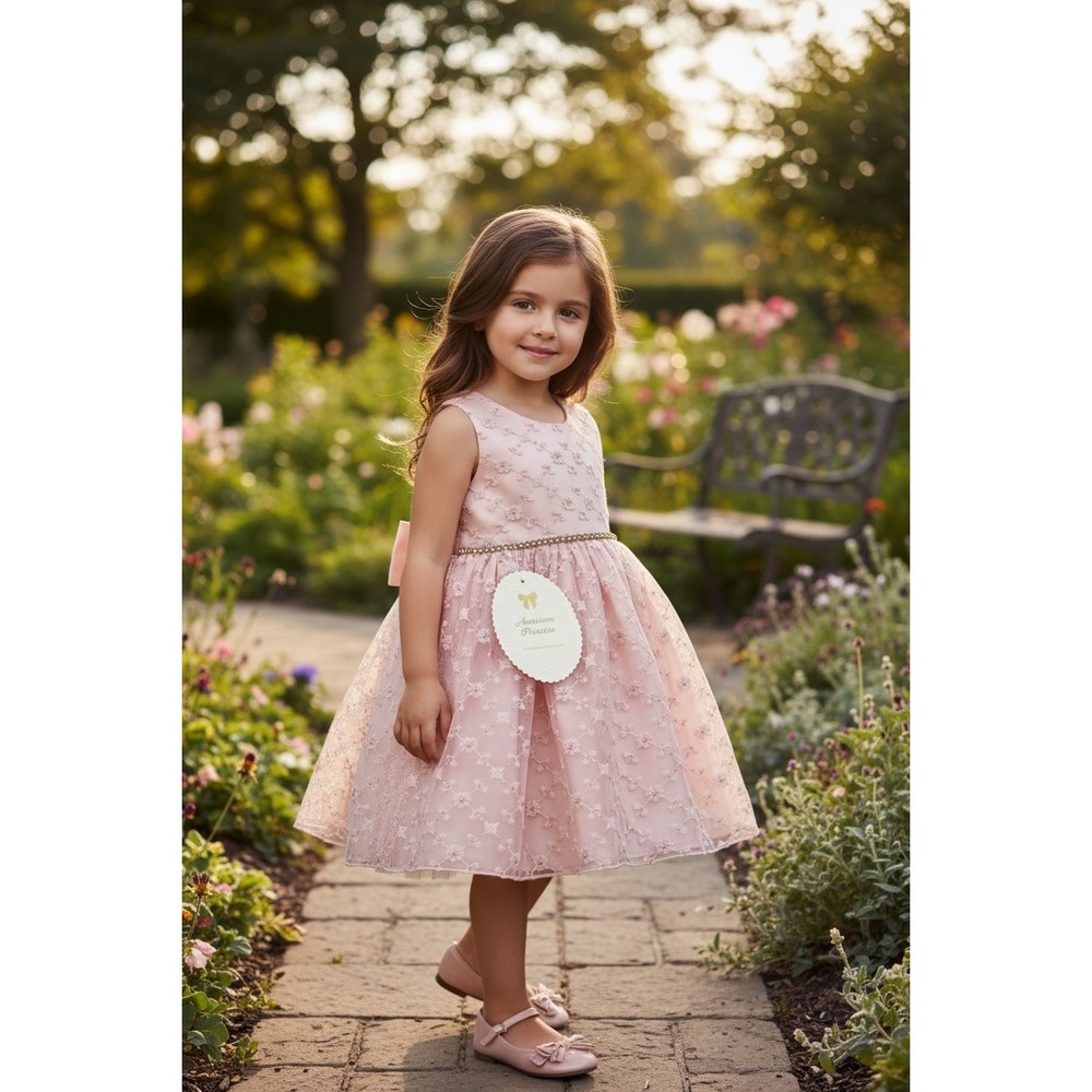 American Princess Kids Blush Pink Floral‎ Lace Tulle Dress Rhinestone Bow NWT